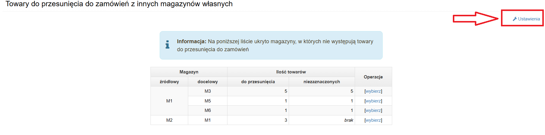 ustawienia listy towarow do przesuniec