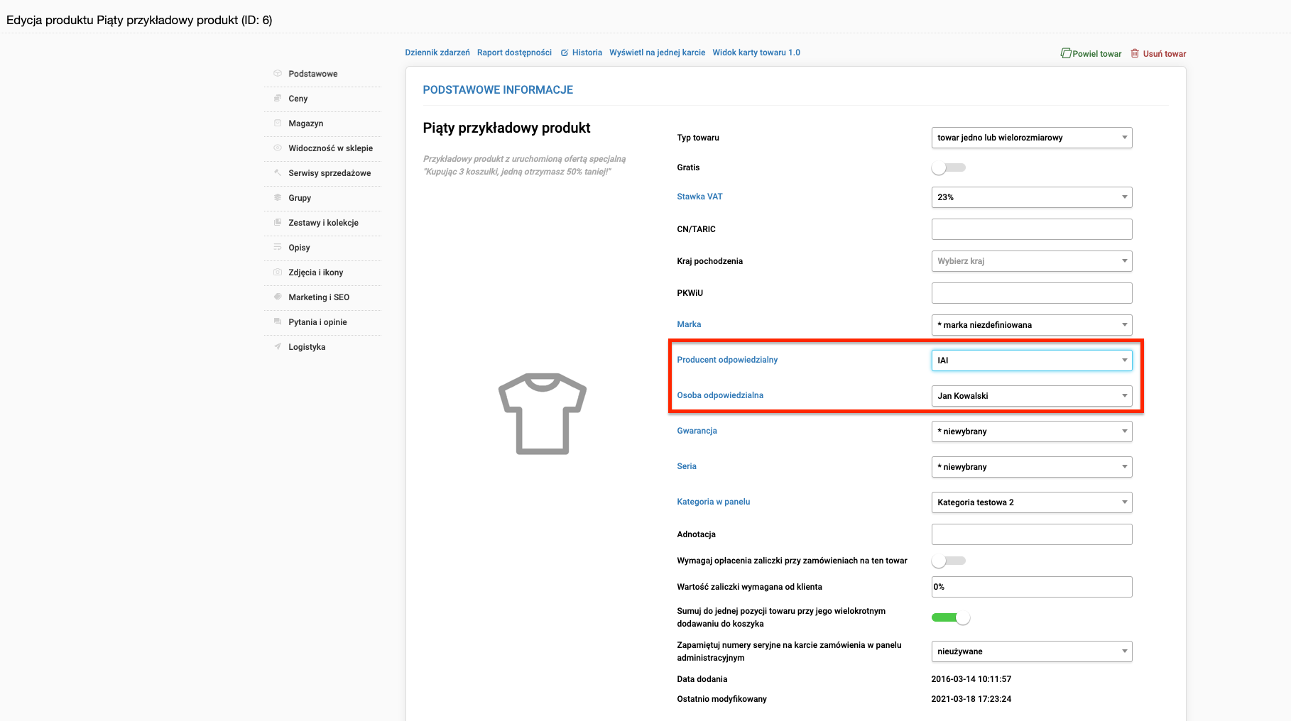 Ustawianie podmiotów odpowiedzialnych na karcie towaru