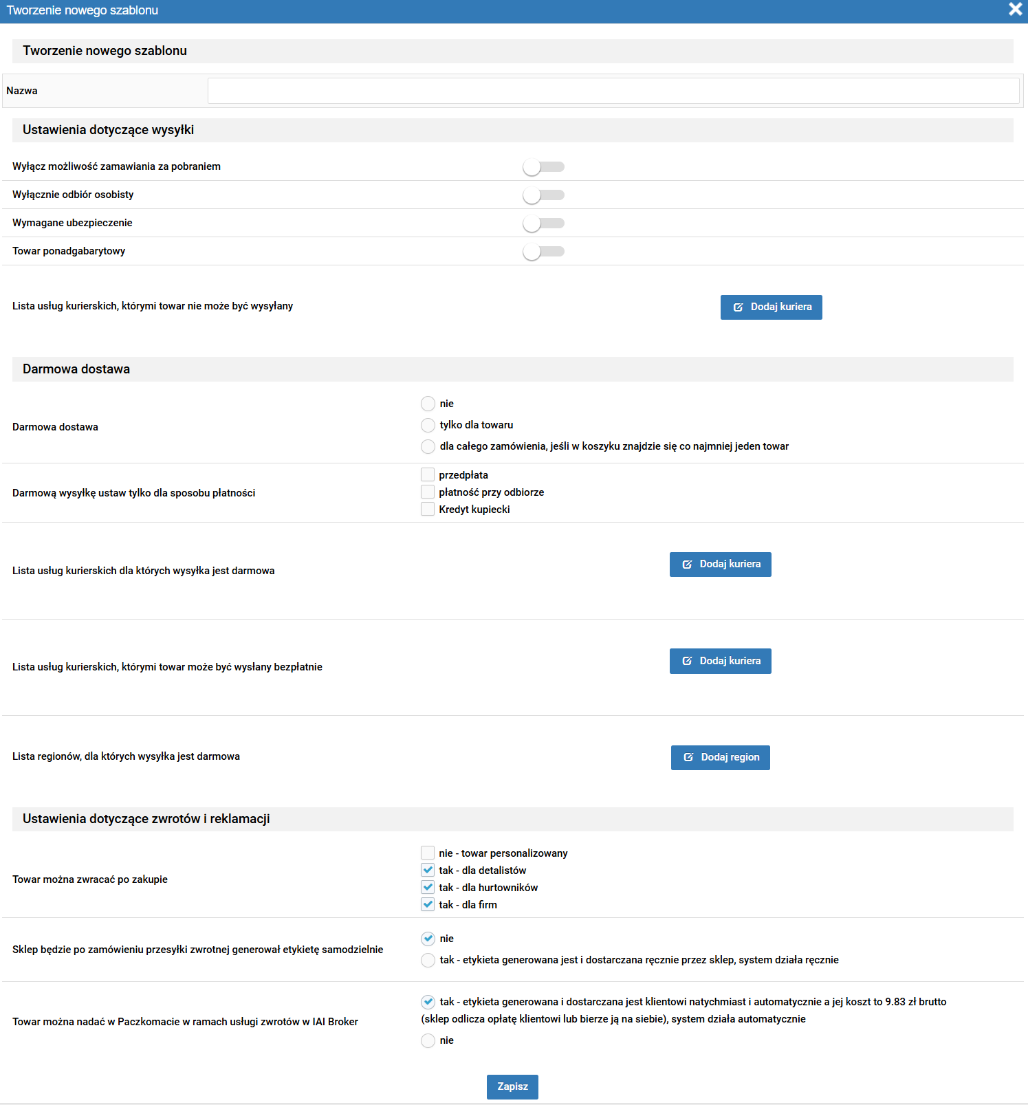 szablon indywidualnych ustawień