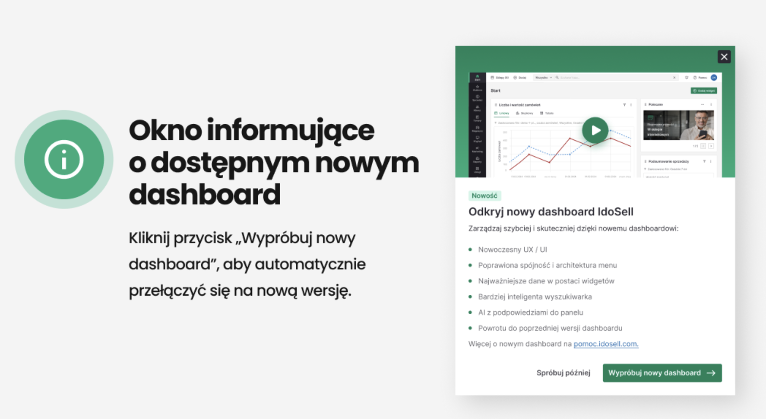 Okno informujące o dostępnym nowym dashboard