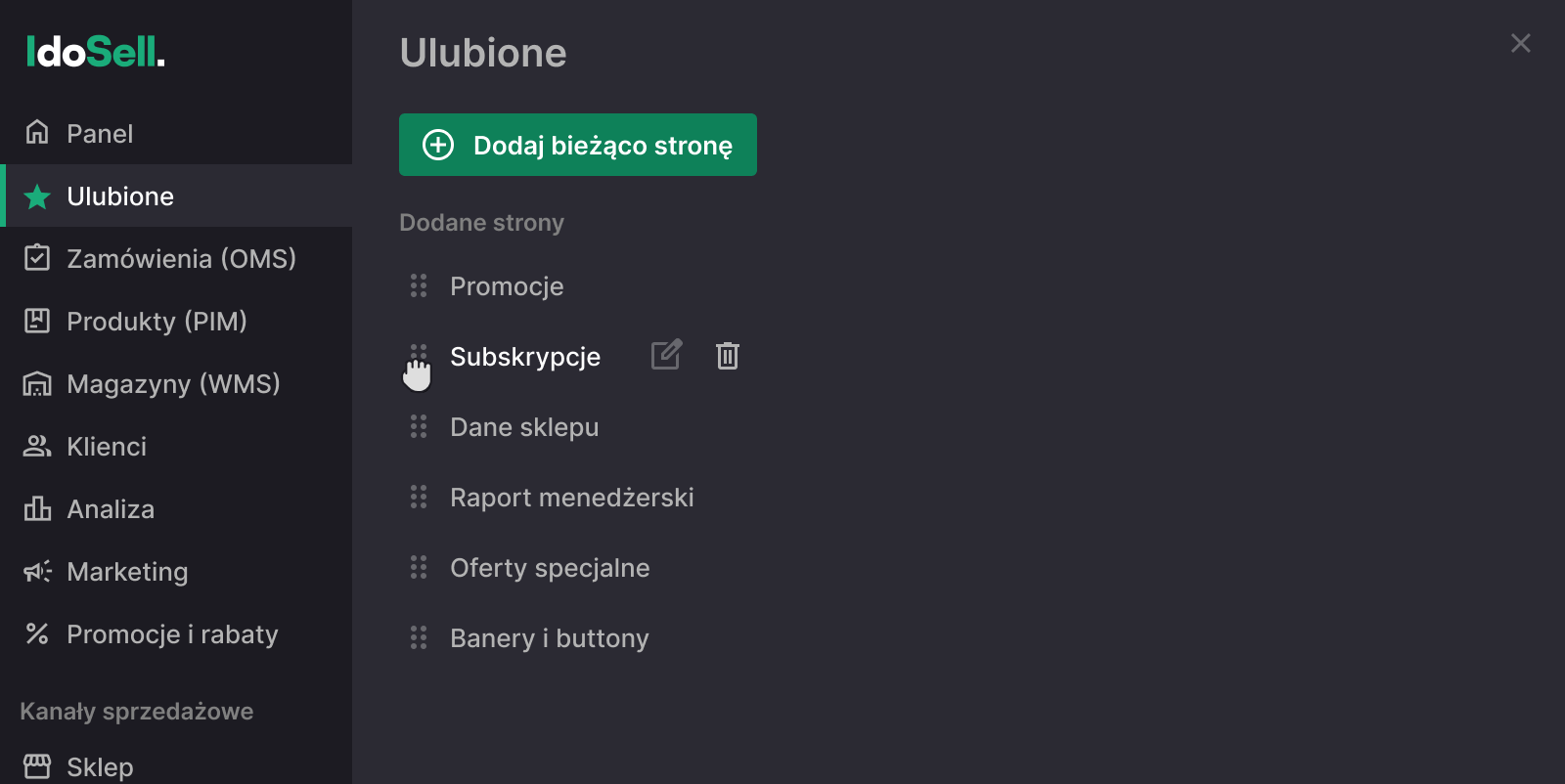 Konfiguracja ulubionych podstron w panelu