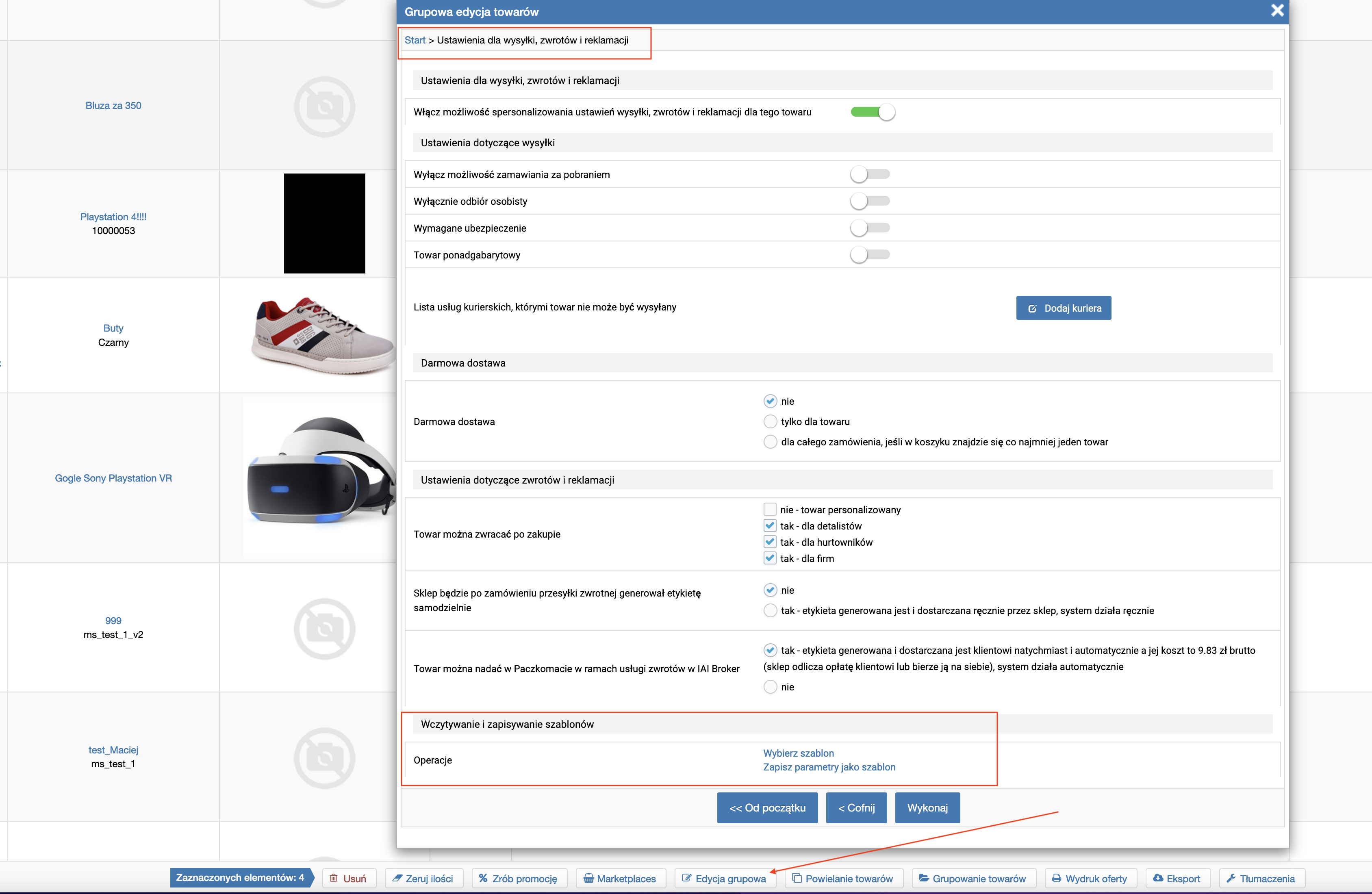 Szablony ustawień wysyłki, zwrotów i reklamacji towarów