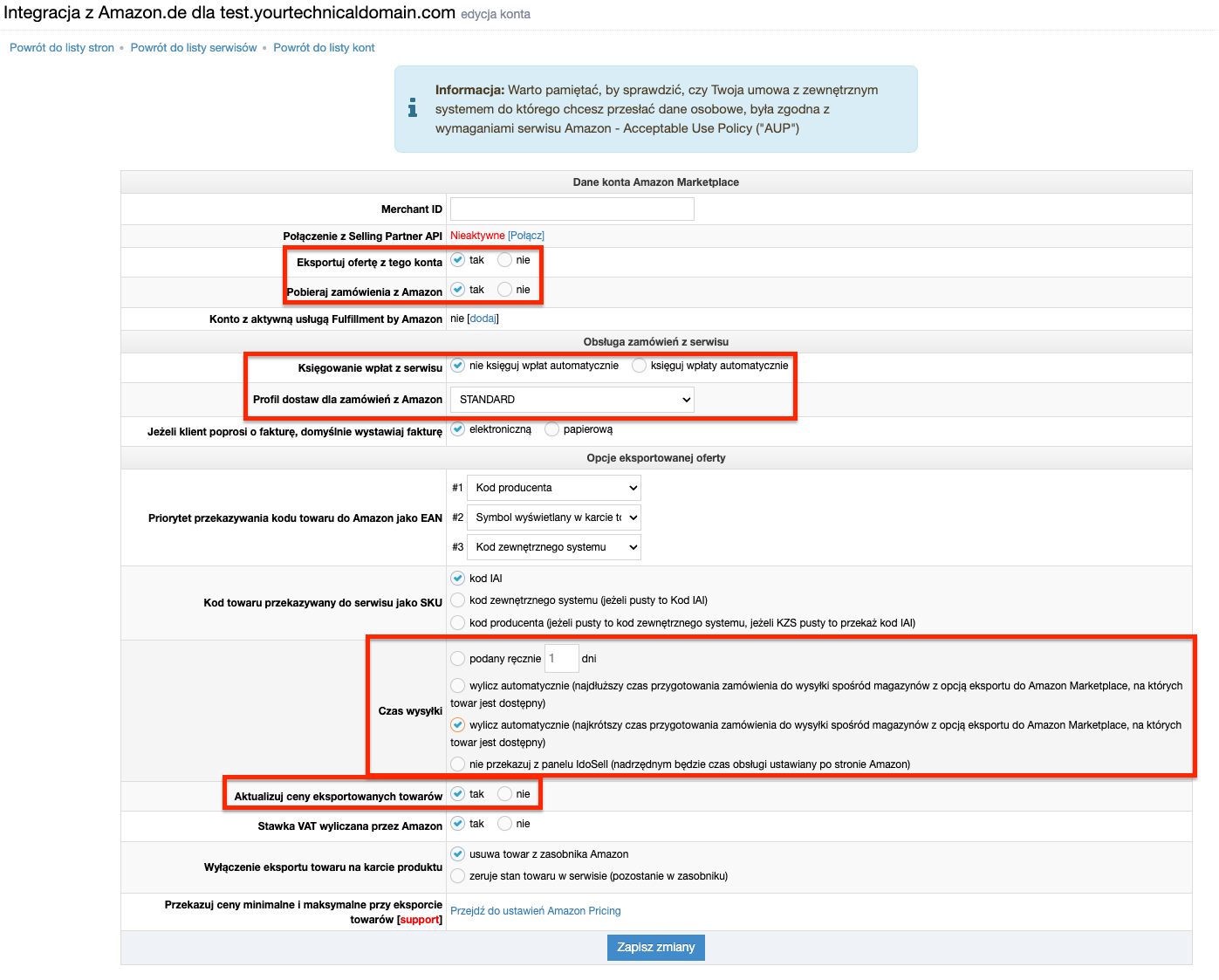 Pogląd konfiguracji konta Amazon w panelu IdoSell z zaznaczonymi najważniejszymi elementami.