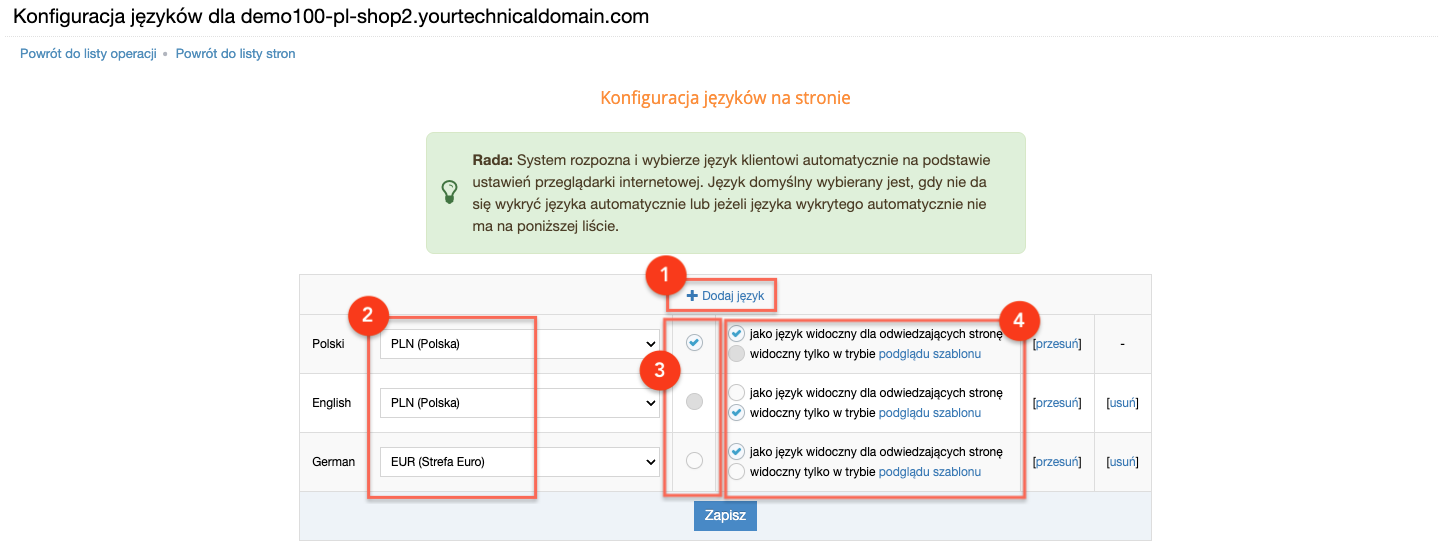 konfiguracja języków dla strony