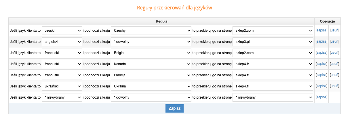 Reguły przekierowań dla języków
