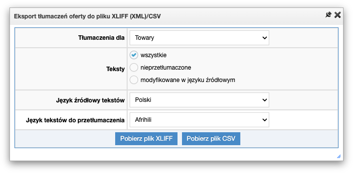 okno eksportu tłumaczeń
