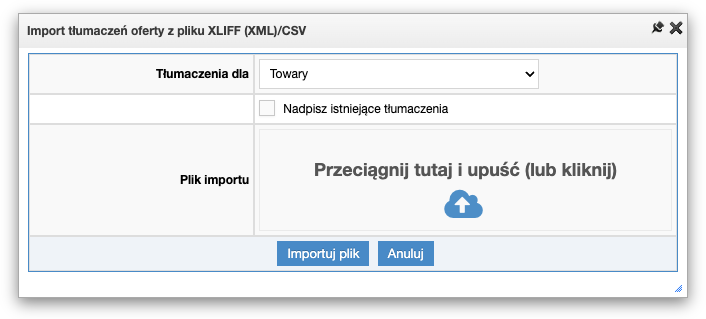 Okno importu oferty towarów