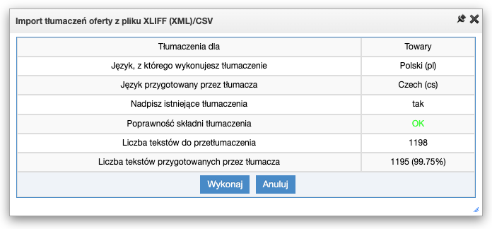 Okno potwiedzenia importu oferty towarów