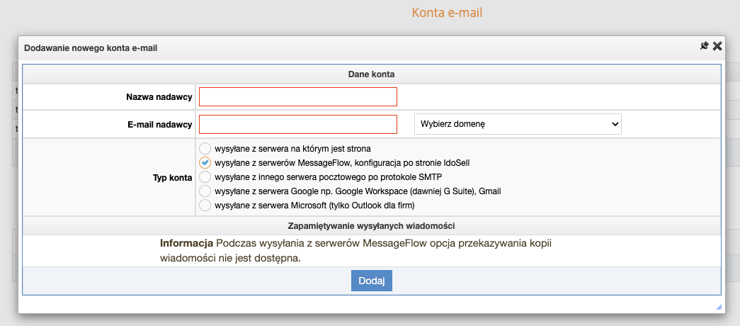 Dodanie nowej konfiguracji z MessageFlow