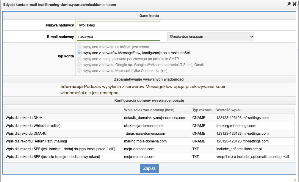 Edycja konta MessageFlow i wpisy do uzupełnienia w DNS