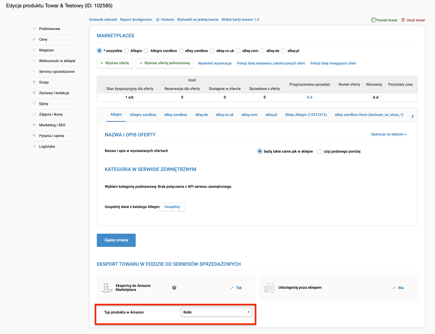 Ustawienie typu produktu dla Amazon na karcie towaru