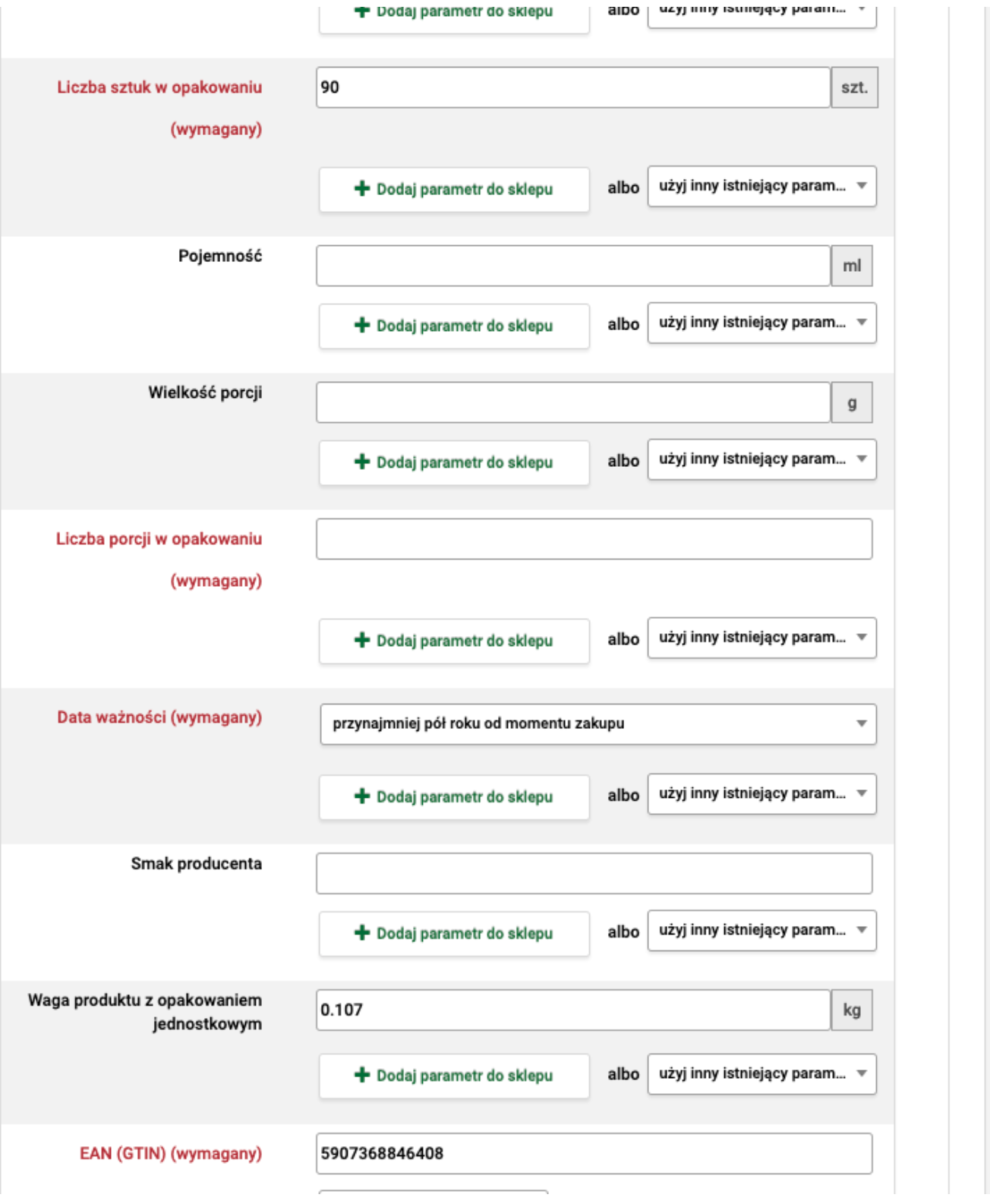 Parametry obowiązkowe dla Allegro