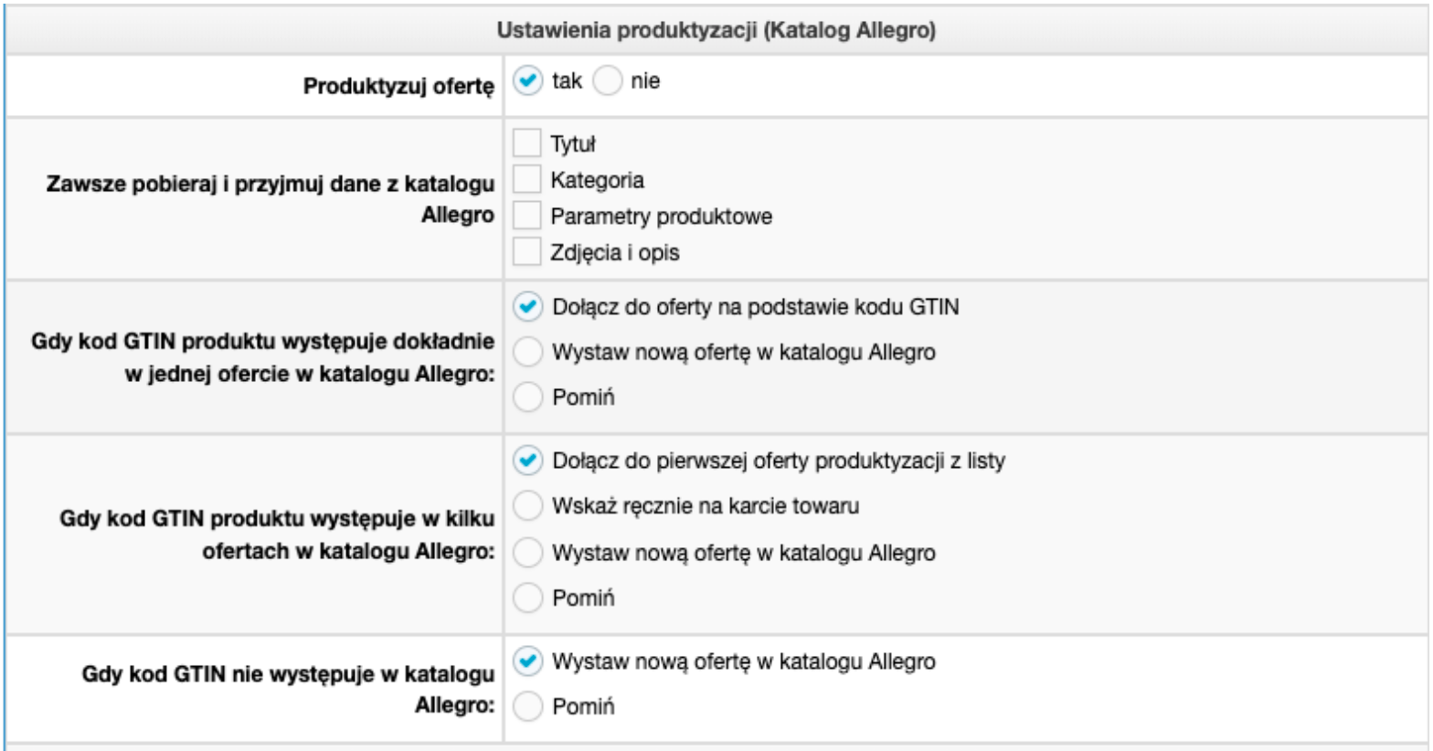 Ustawienia produktyzacji w profilu ustawień