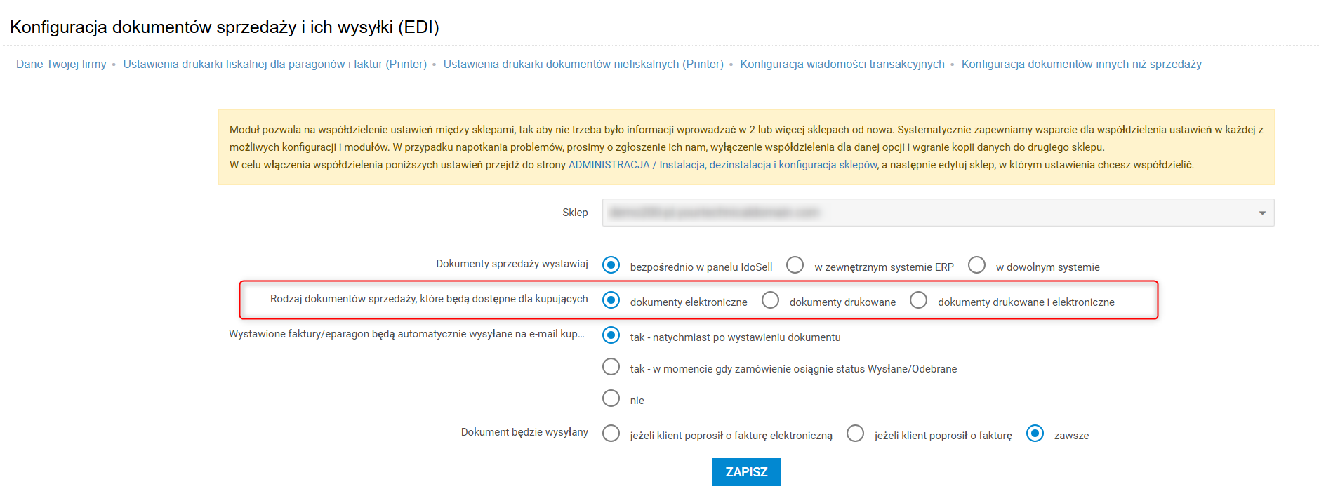 Konfiguracja dokumentów sprzedaży i ich wysyłki