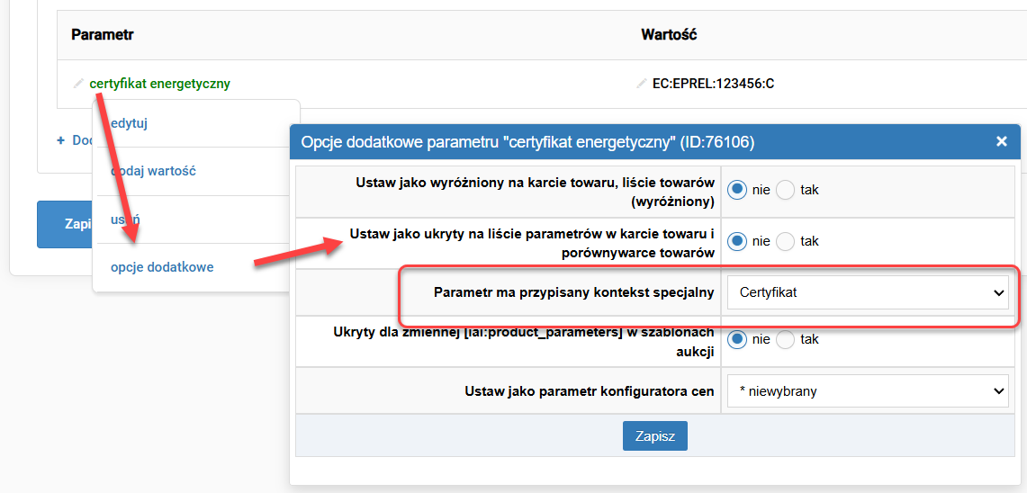 Dodawanie kontekstu specjalnego w parametrze