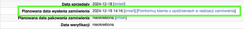 Poinformowanie klienta o opóźnieniu w realizacji zamówienia