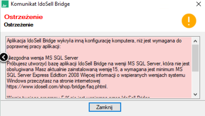 Ostrzeżenie - Niezgodna wersja MS SQL Server
