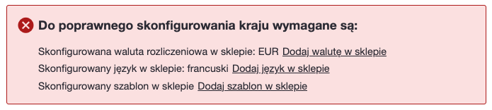 Podczas dodawania kraju komunikat o wymaganych elemenatach uzupełniających