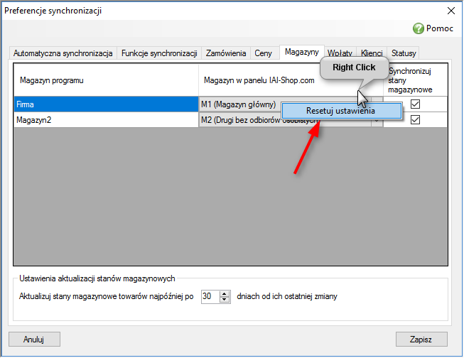 Reset ustawień magazynowych w Bridge