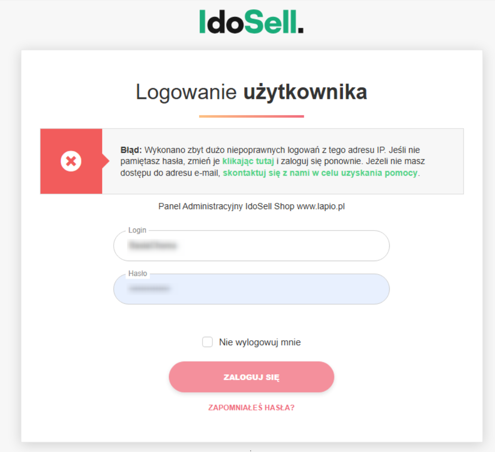 Wykonano zbyt dużo niepoprawnych logowań z tego adresu IP