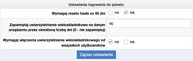 Ustawienia logowania do panelu