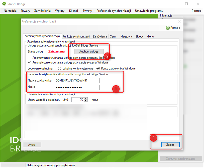 Uruchomienie usługi automatycznej synchronizacji w aplikacji Bridge