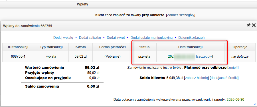 Wpłata przyjęta w panelu IdoSell
