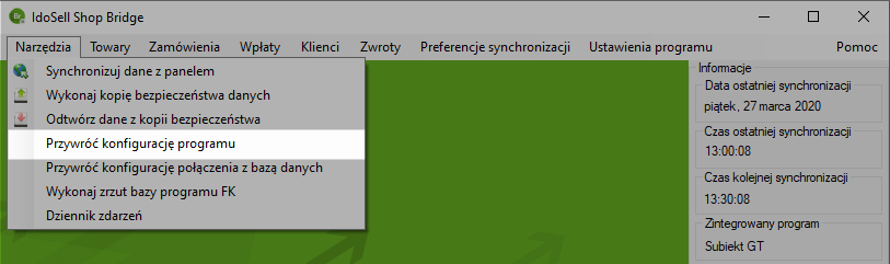 Przywróć konfiguracje Bridge - Menu narzędzia w Bridge