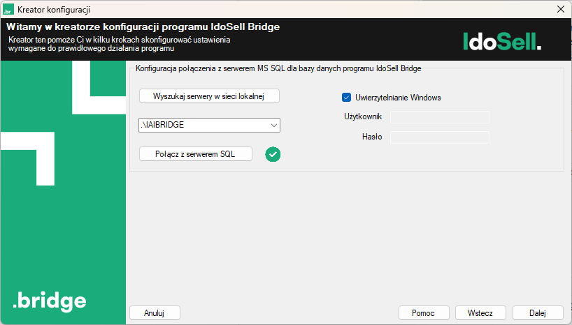 Kreator konfiguracji Bridge, baza MS SQL dla Bridge