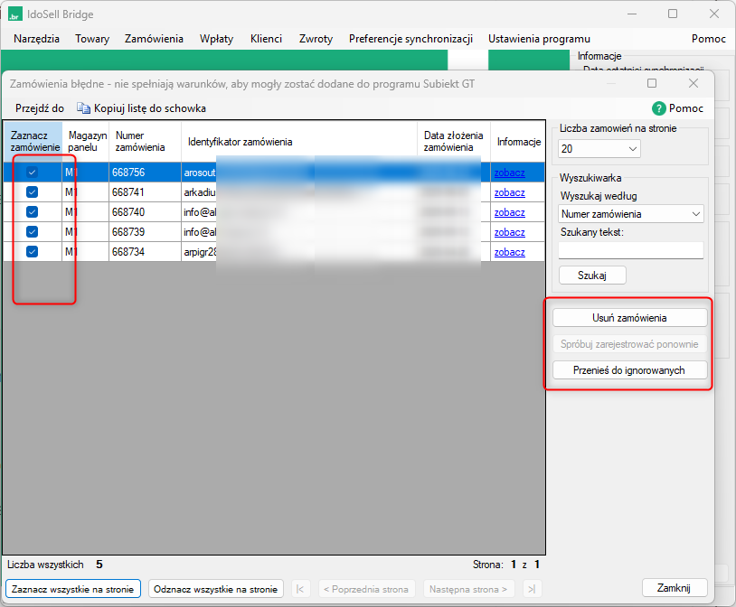 Przenoszenie zamówień błędnych do usunięcia, aby przyśpieszyć synchronizację w Bridge