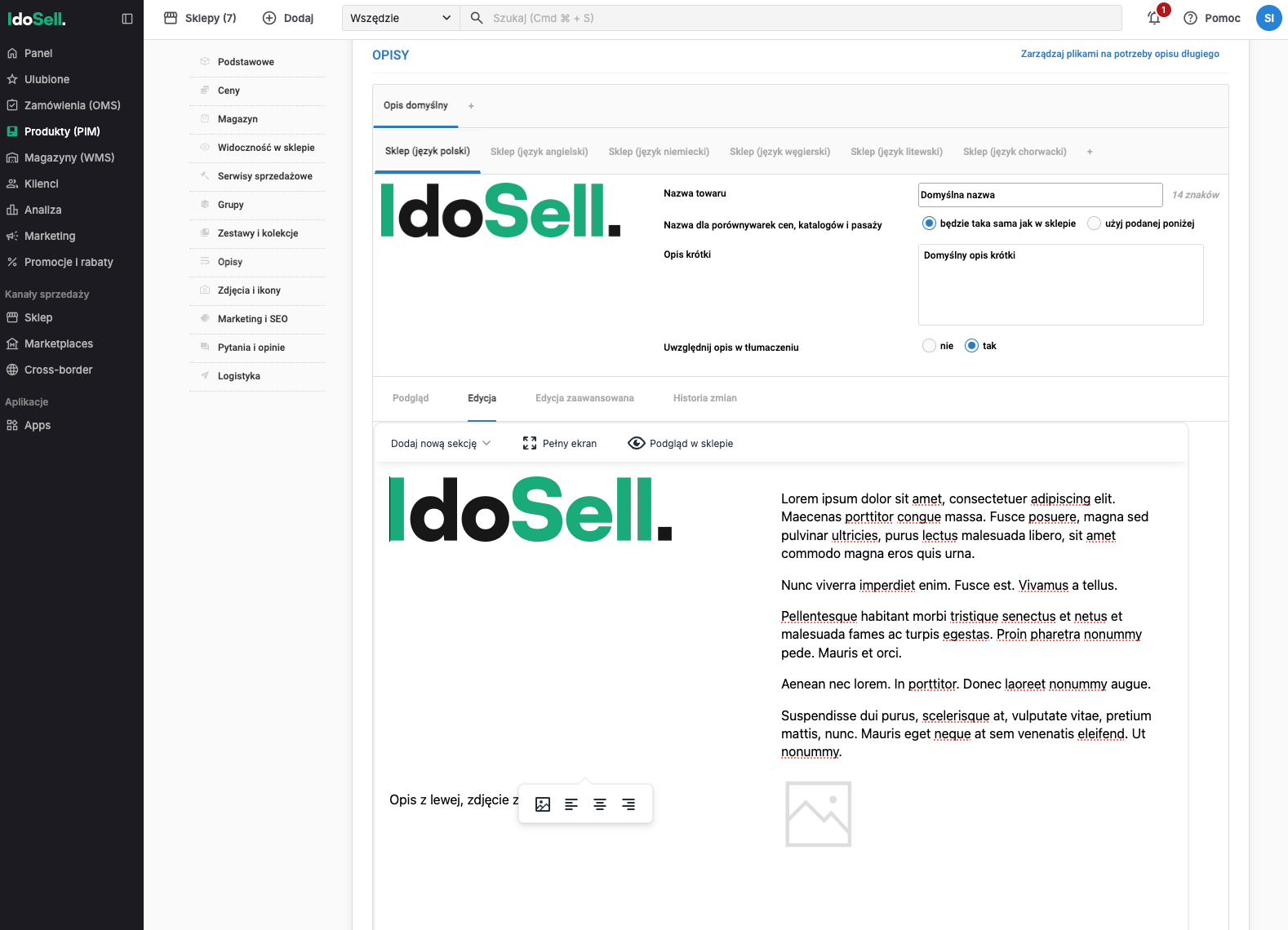 Dodawanie nowych sekcji do opisu produktu