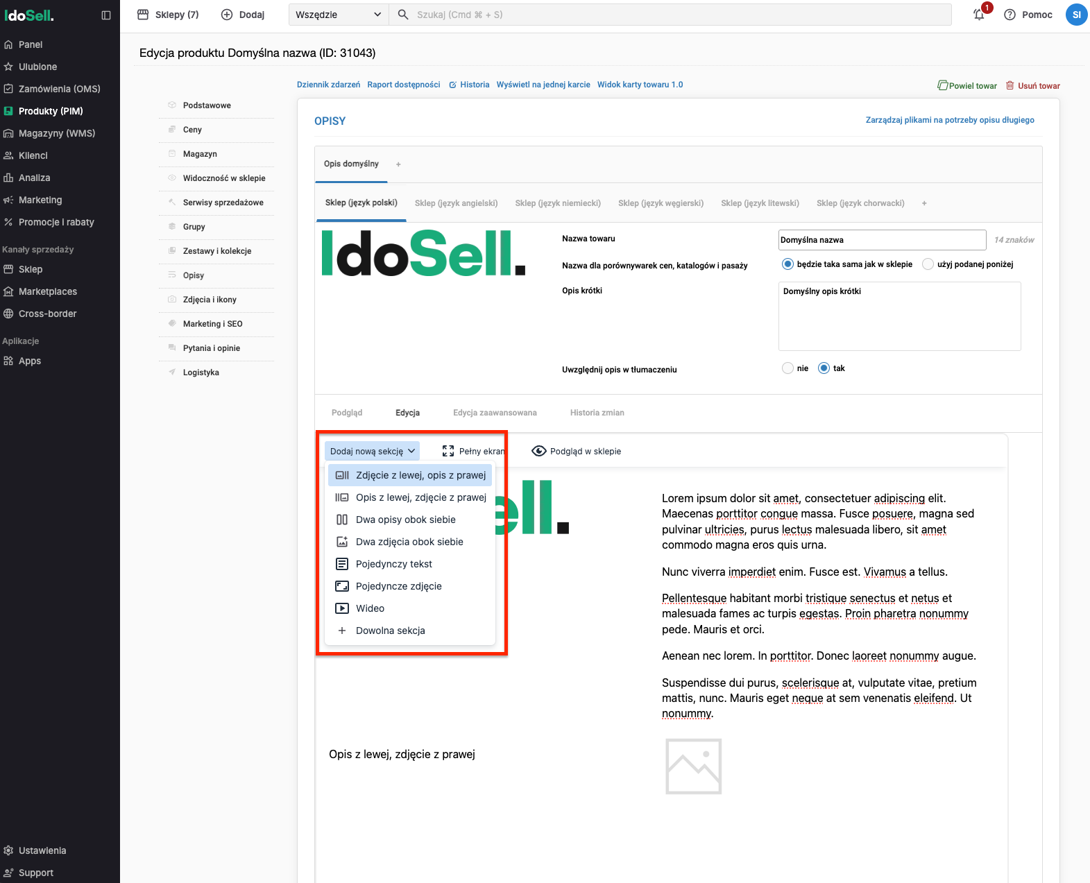 Dodawanie nowych sekcji w opisie produktu