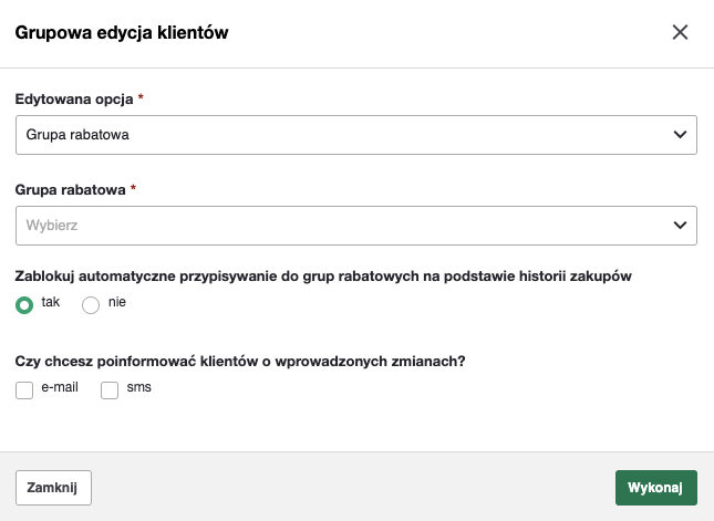 Grupowa edycja klientów - ustawienia