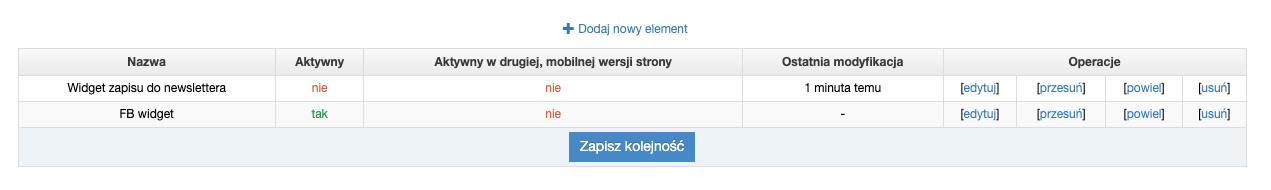 Lista widgetów