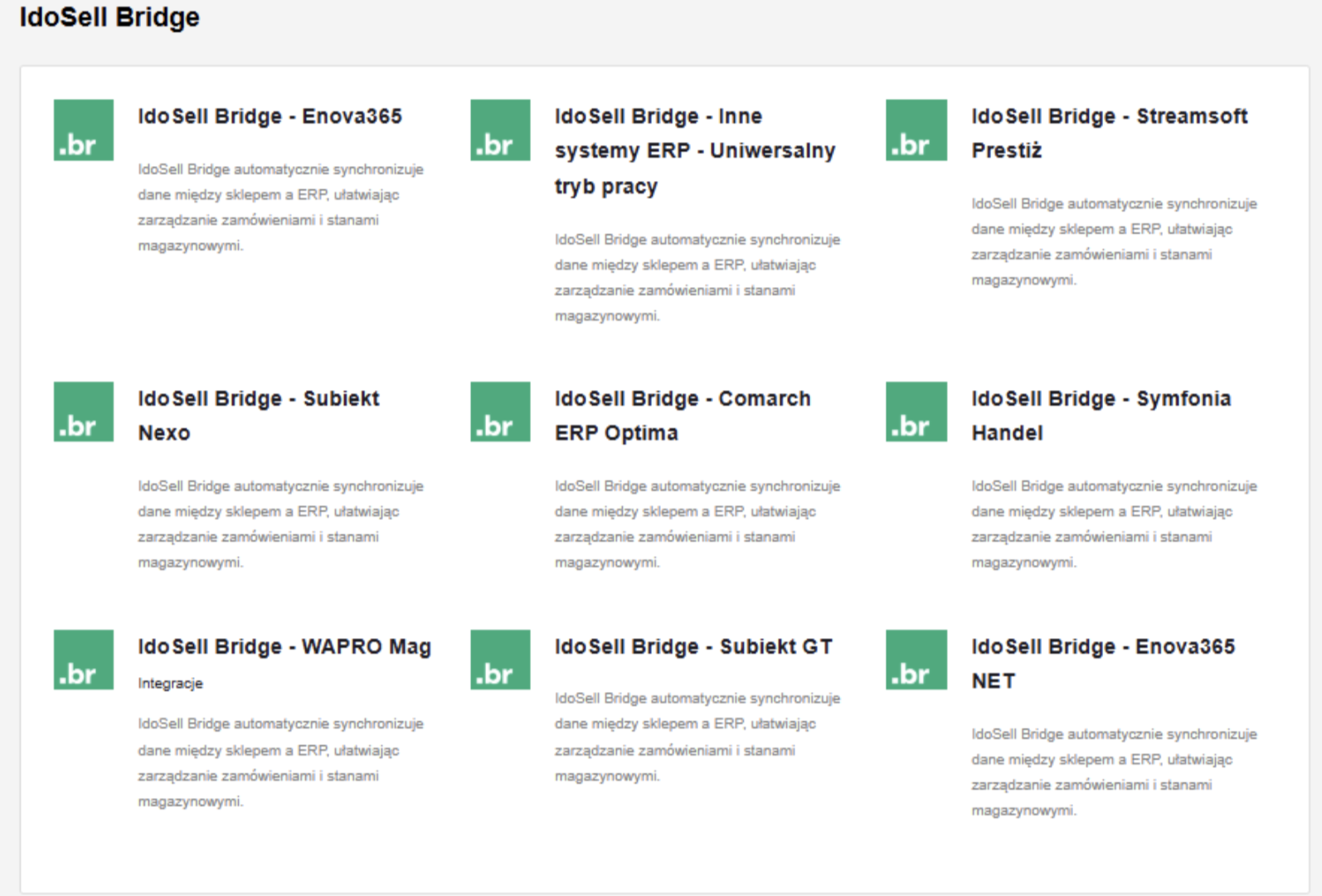 IdoSell Bridge lista aplikacji