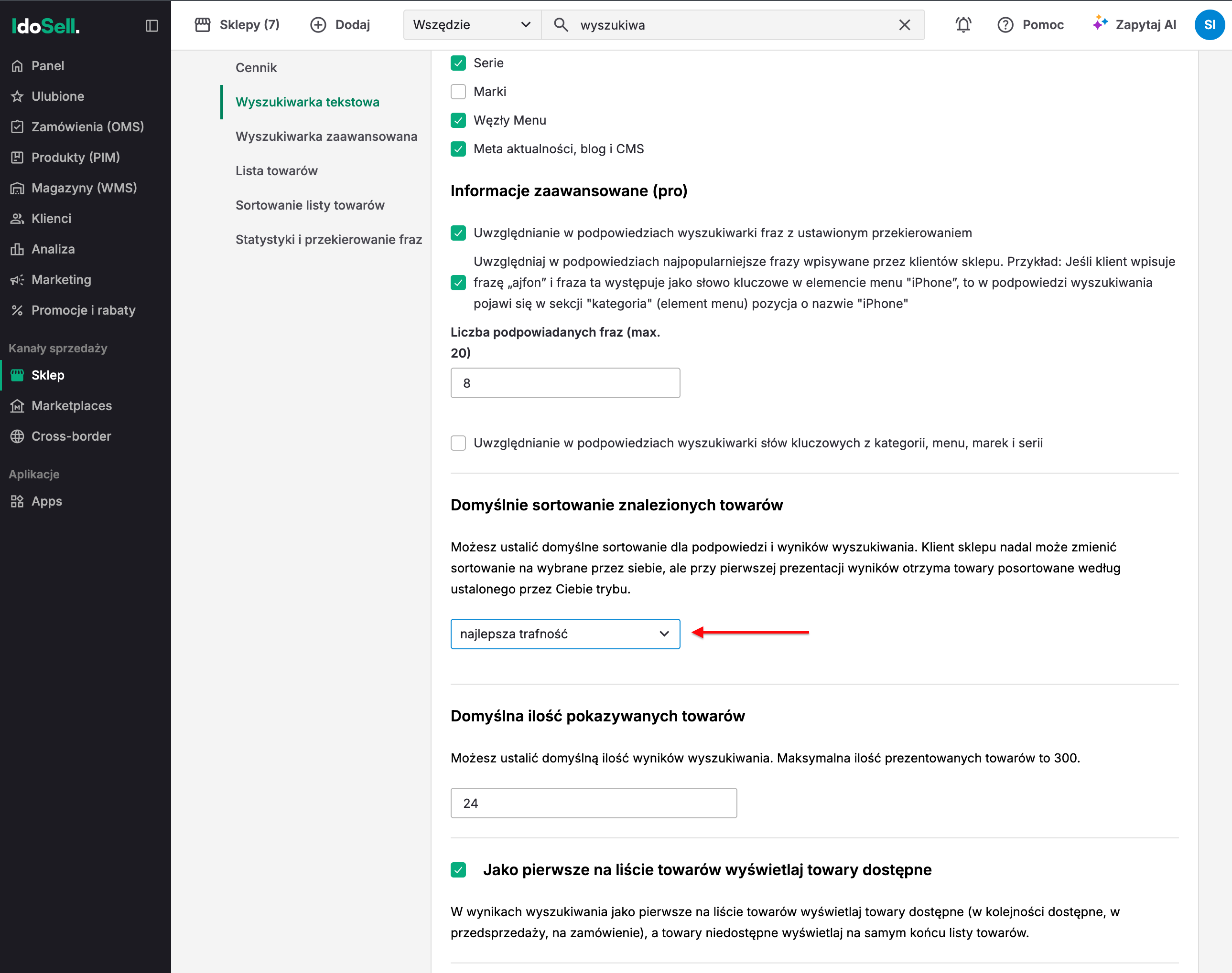 Konfiguracja sortowania po atrakcyjności sprzedażowej