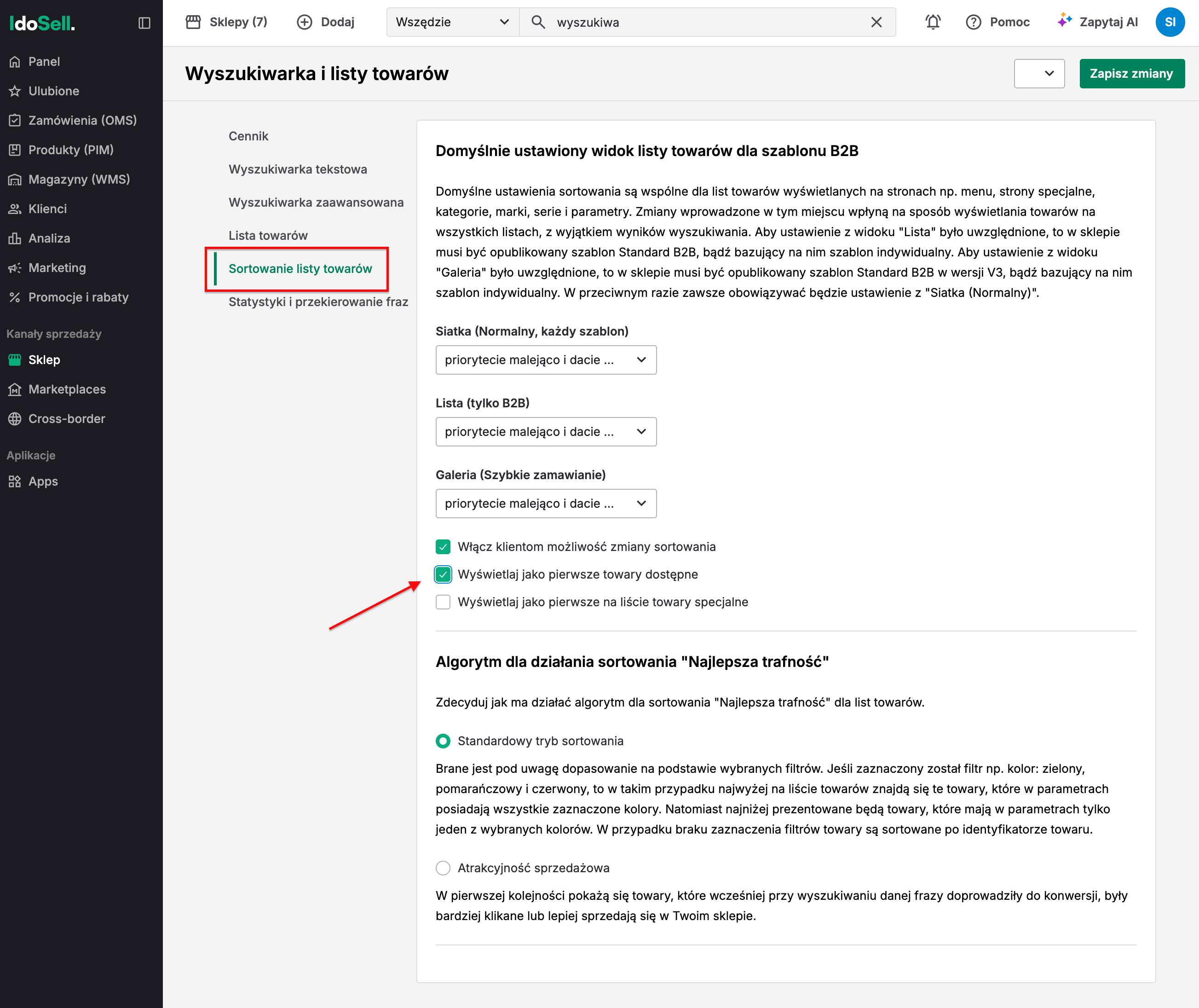 Sortowanie po dostępności na liście produktów
