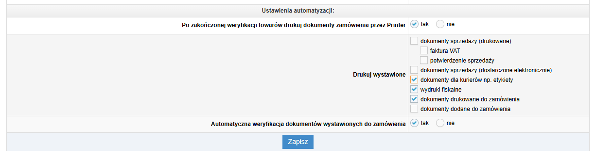 Printer - Ustawienia weryfikacji - Automatyzacja wydruków