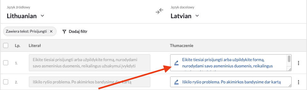 Ikona w kolumnie Tłumaczenia