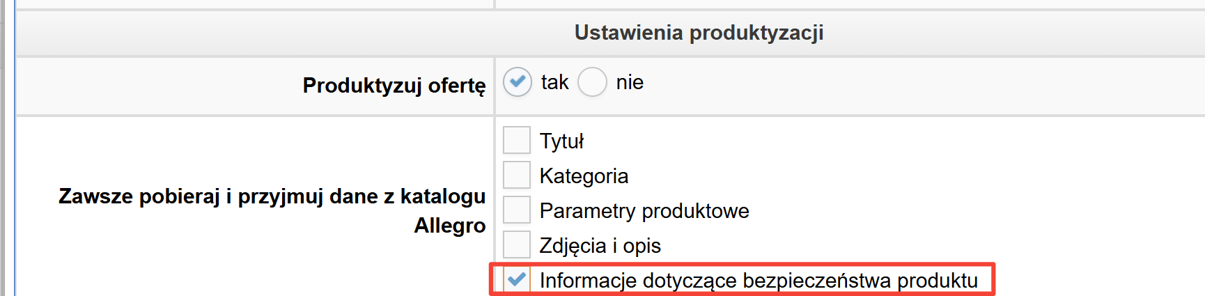 Ustawienia pobierania informacji z katalogu