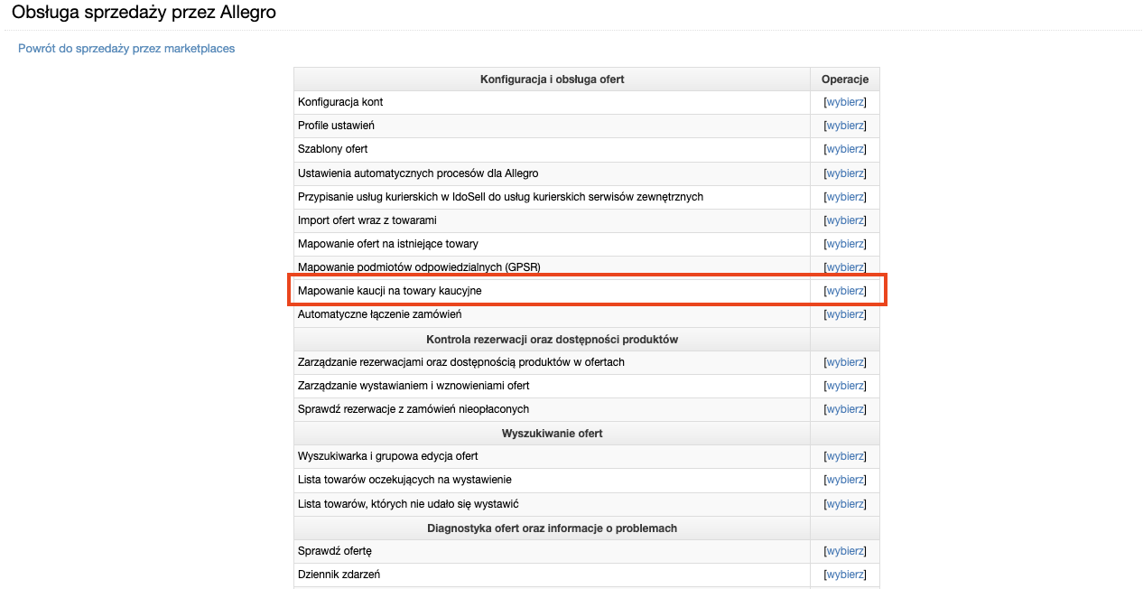Mapowanie kaucji Allegro
