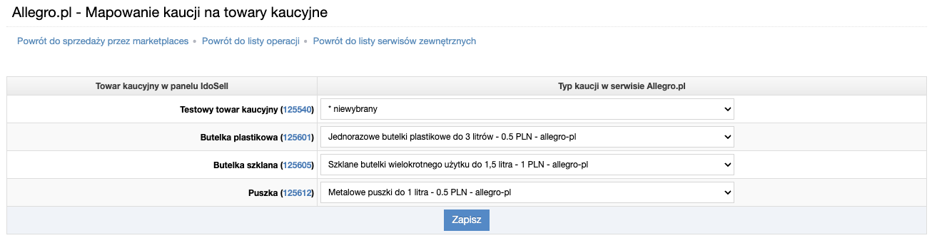 Mapowanie towarów kaucyjnych w panelu na towary kaucyjne w Allegro