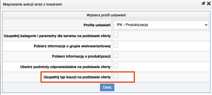 Mapowanie oferty kaucyjnej Allegro