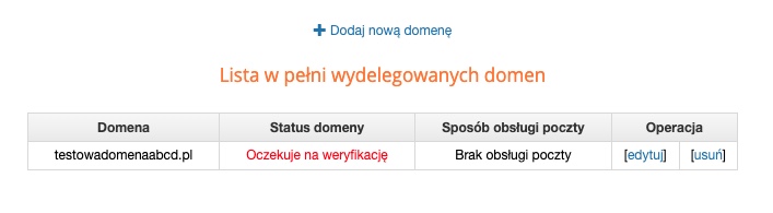 Domena w statusie Oczekuje na weryfikację