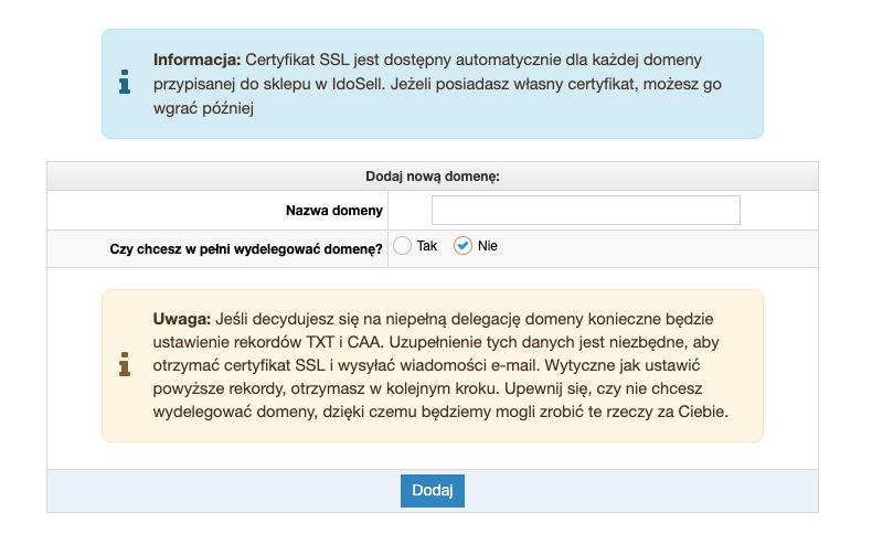 Dodanie nowej domeny w niepełnej delegacji