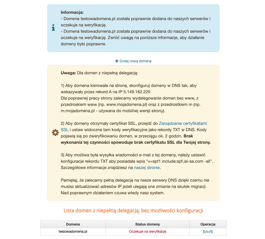 Domena w niepełnej delegacji i oczekiwanie na weryfikację