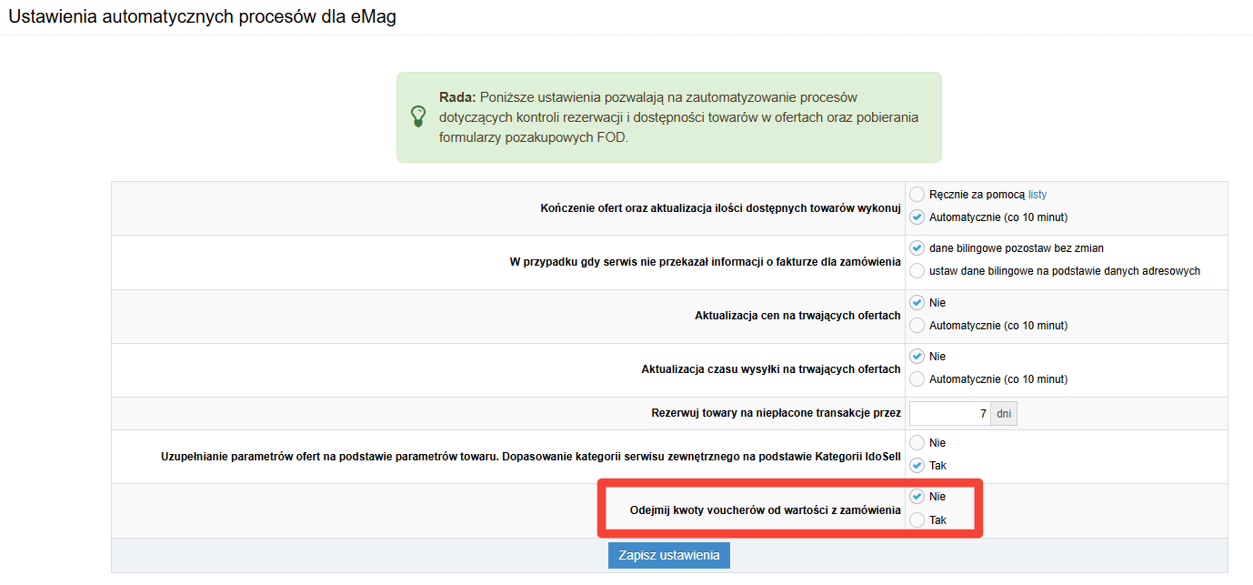 Ustawienia voucherów