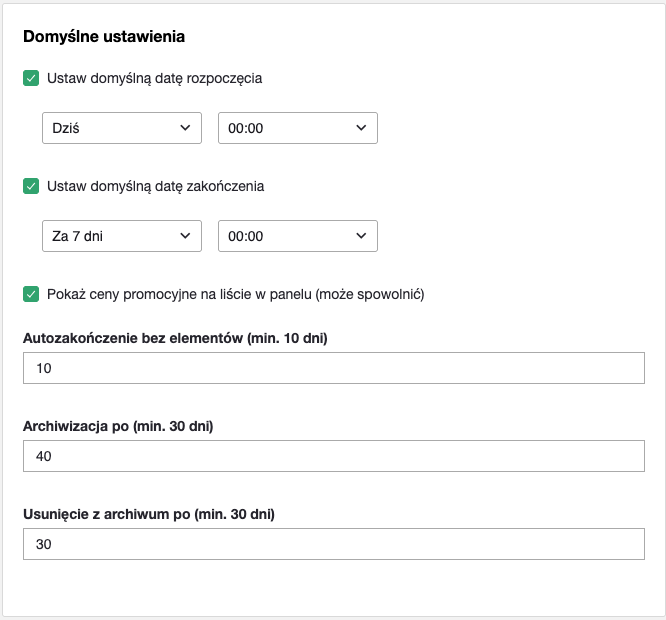 Domyślne ustawienia
