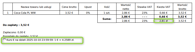 Kurs waluty obcej na dokumecie sprzedaży oraz VAT wyrażony w PLN.