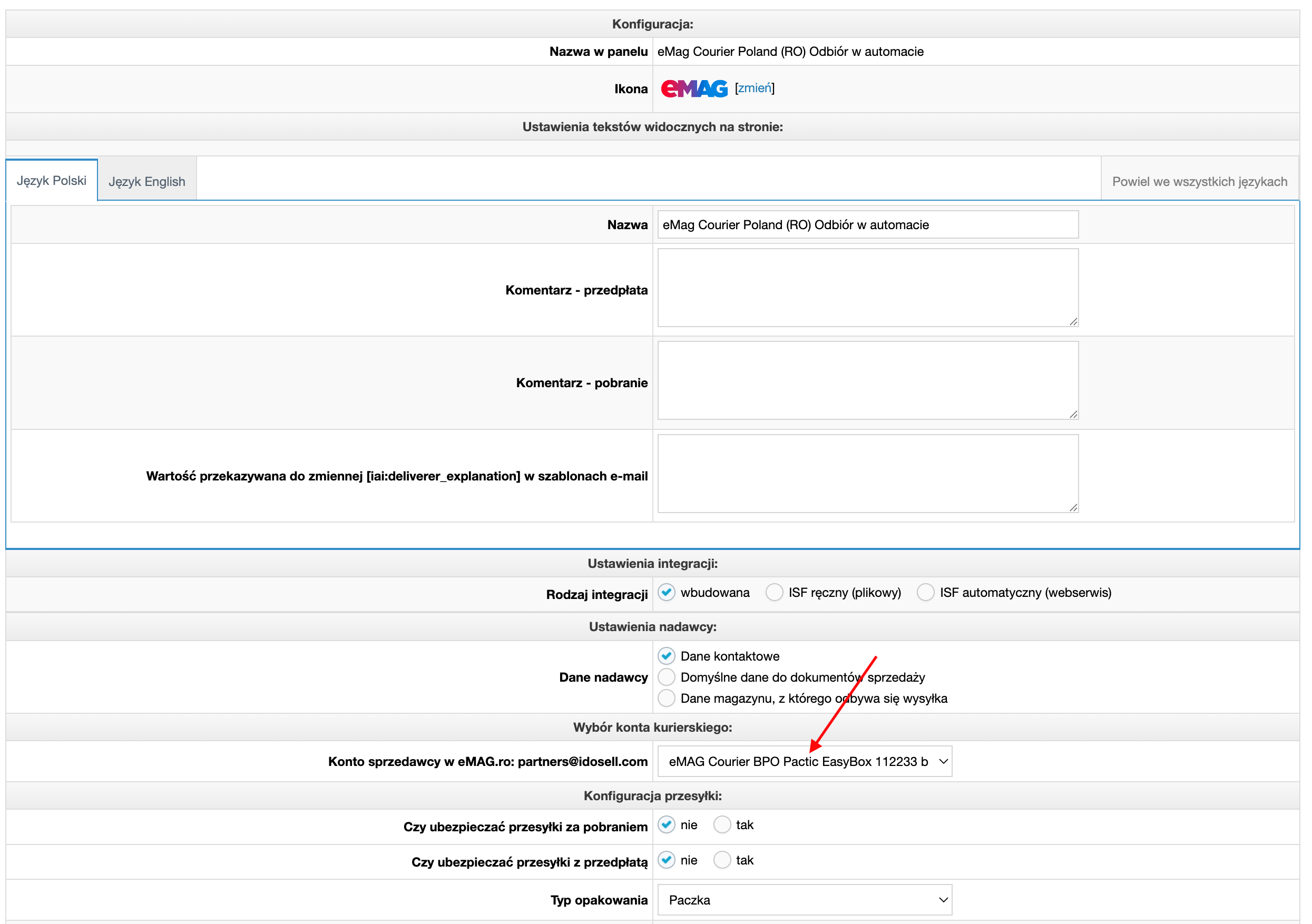 Konfiguracja kuriera eMag